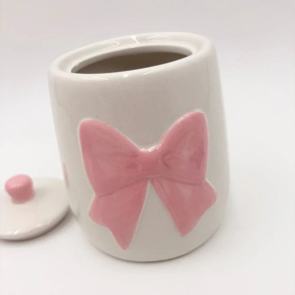 White Ceramic Bow Canister Pink Embossed Ribbon Lid Jar Coquette‎ Decor